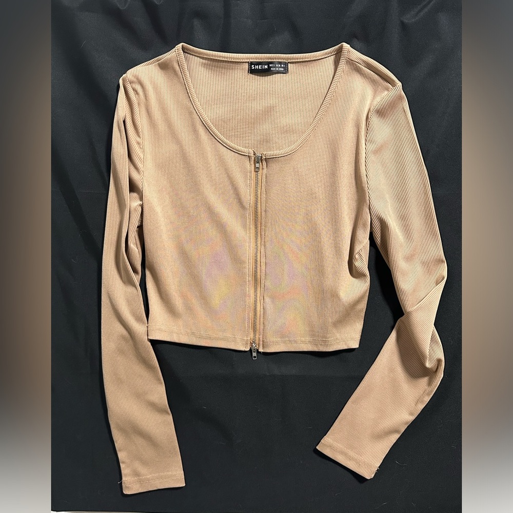 SHEIN Ribbed Scoop Neck Zipper Crop Top Tan Size M